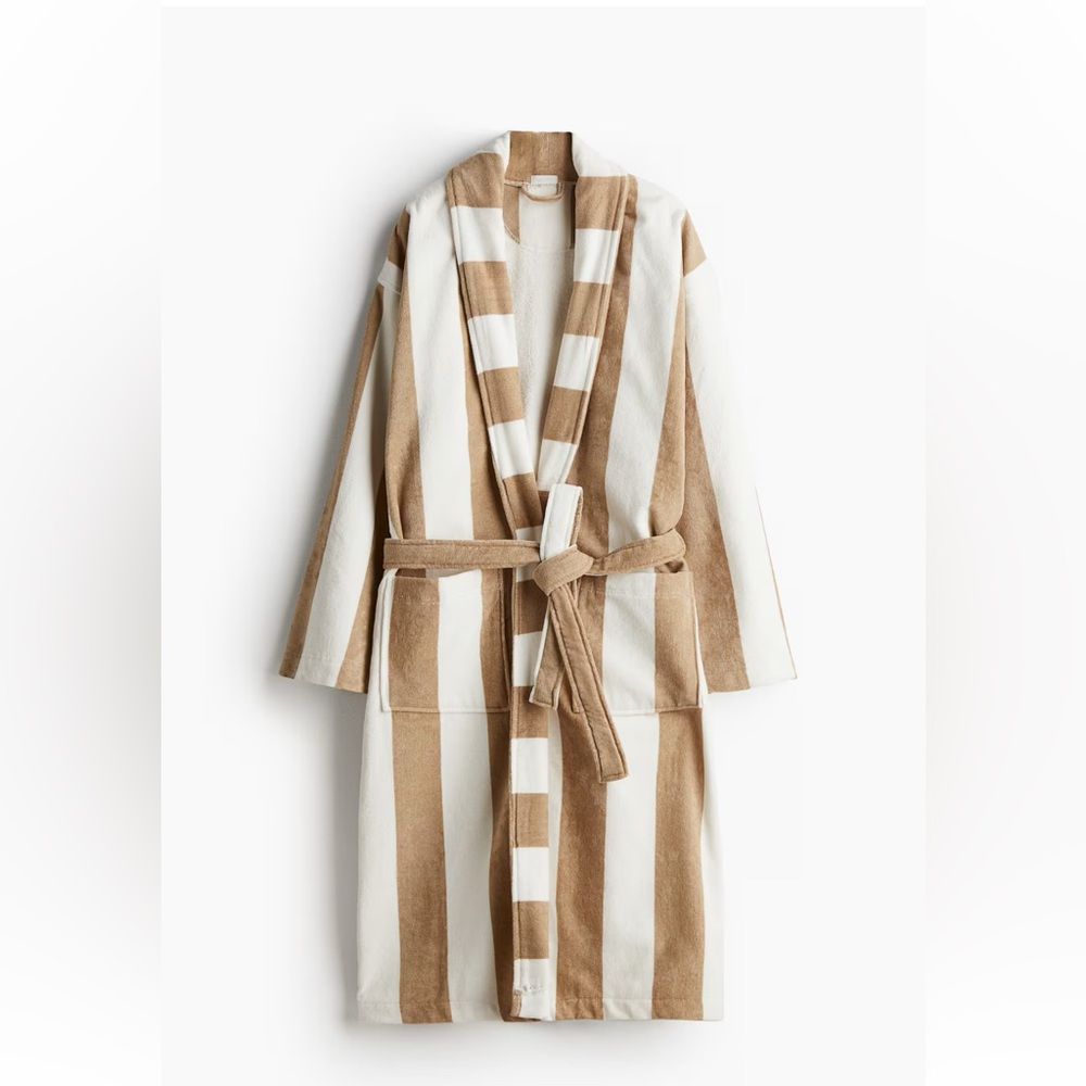 H&M Light Brown and White Striped Cotton Terry Bathrobe